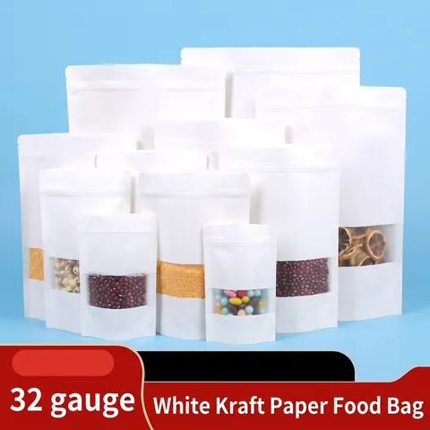 Weiße Kraftpapier Standbeutel Mit Mattiertem Fenster Verdickte Selbstversiegelnde Reißverschlussbeutel Für Lebensmittel Snacks Tee Aufbewahrung Verpackung