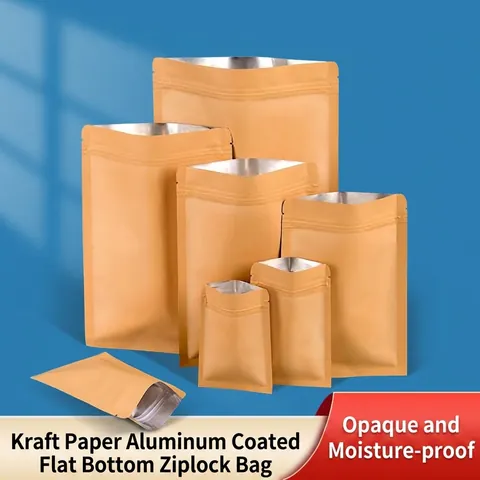 Kraft Paper Ziplock Bag Aluminum Foil Lined Flat Bottom Stand Up Food Packaging Pouch For Tea Nuts Heat Sealable Storage Bag