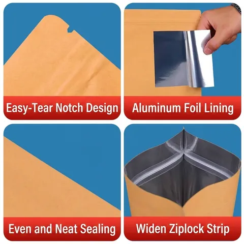 Kraft Paper Ziplock Bag Aluminum Foil Lined Flat Bottom Stand Up Food Packaging Pouch For Tea Nuts Heat Sealable Storage Bag