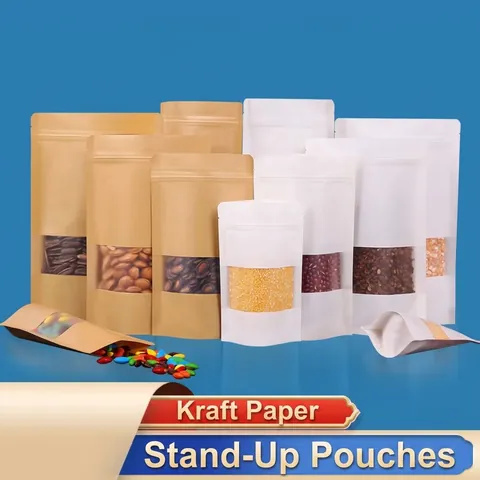 Sachet Kraft avec Fenêtre Givrée Autoportant Fermeture à Glissière Résistant à l'Humidité Sac d'Emballage Alimentaire Thé Noix