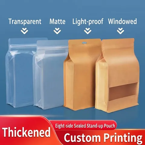 Sac en Plastique Papier Kraft Stable Huit Côtés Scellé Réutilisable Avec Fermeture Éclair pour Collations Fruits Secs Thé