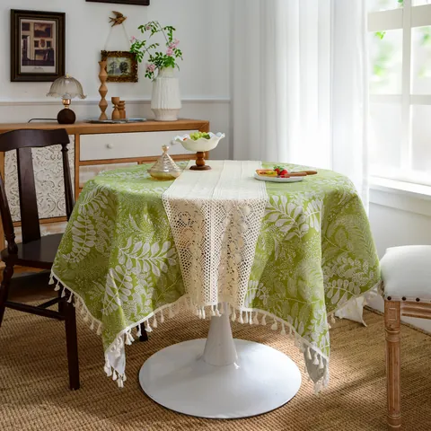 Nappe en Patchwork au Crochet de Style Rétro Français avec Glands en Polyester Motif de Feuilles Vertes Anti-poussière pour Décoration de Salle à Manger