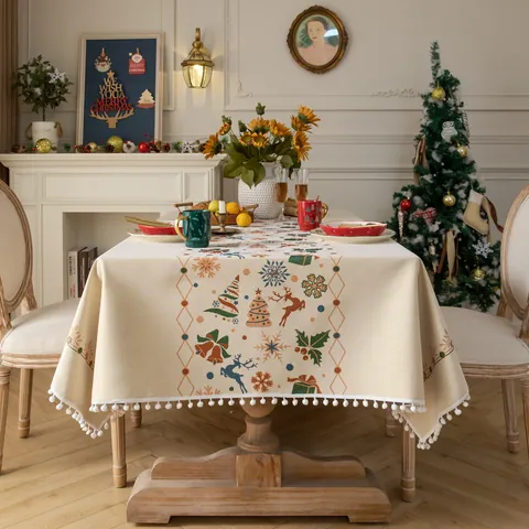 Christmas Reindeer Snowflake Pattern Tablecloth Yarn Dyed Jacquard Beige Rectangular Dining Table Cover With Pom Pom Fringe