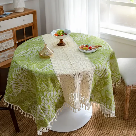 Nappe en Patchwork au Crochet de Style Rétro Français avec Glands en Polyester Motif de Feuilles Vertes Anti-poussière pour Décoration de Salle à Manger