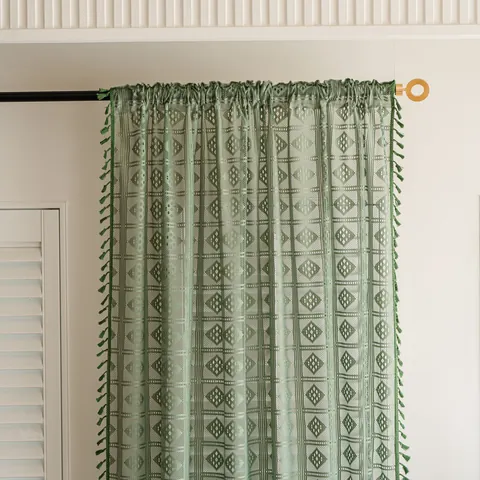 American Vintage Green Crochet Hollow Window Curtain With Decorative Tassels Polyester Geometric Pattern Curtains For Living Room