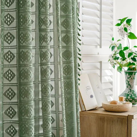 American Vintage Green Crochet Hollow Window Curtain With Decorative Tassels Polyester Geometric Pattern Curtains For Living Room