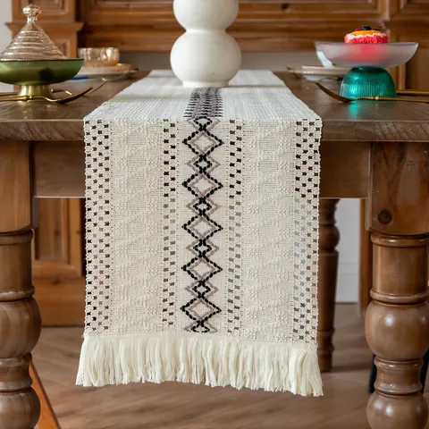 Chemin de Table Bohème Tissé en Coton Lin Motif Géométrique Avec Glands Style Ferme Décoration pour Table à Manger Maison