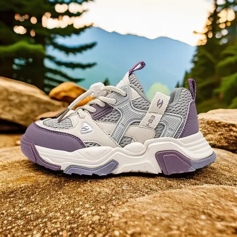 Kids Chunky Sneakers Boys Girls Breathable Synthetic Leather Mesh Patchwork Shoes With Toggle Buckle Anti-Slip Outdoor Running Shoes