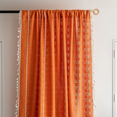 Bohemian Orange Semi Blackout Curtain With White Tassels Embroidered Pattern Polyester Woven Drapes For Living Room Bedroom