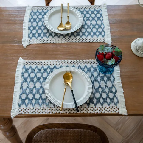 Christmas Farmhouse Woven Tassel Cotton Linen Placemat Diamond Pattern Table Mat for Dining Room Home Decor