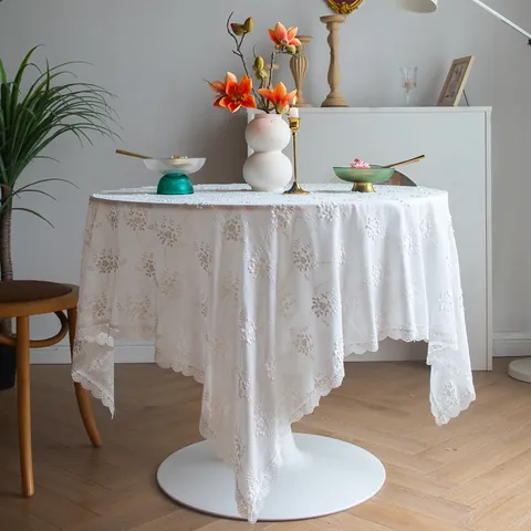 Mantel de Encaje Blanco Vintage Francés Elegante Bordado Floral 3D Algodón Cubierta de Mesa Estilo Palacio Lujo Decoración