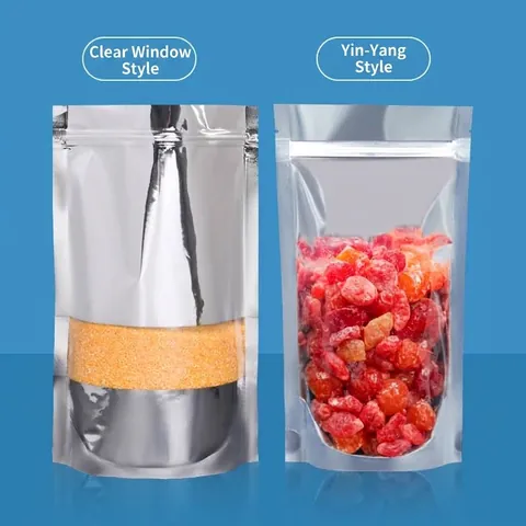 Aluminiumfolie Standbeutel Silber Transparent Vorne Druckverschlussbeutel Heißsiegelbar Feuchtigkeitsbeständig Lebensmittelbeutel