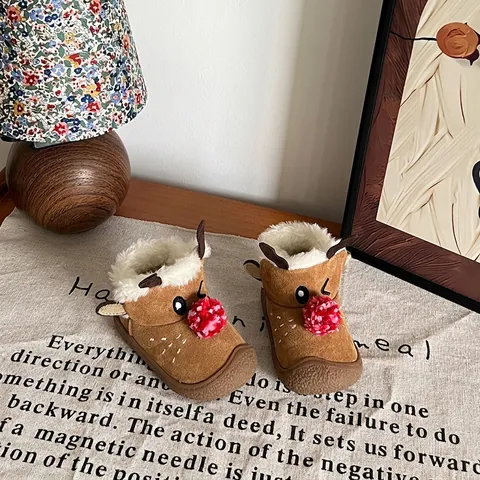 Stivali da Neve per Bambini Natale Renna Invernali Caldi Foderati in Peluche Scarpe per Neonati Cartone Animato Pelle in Microfibra Antiscivolo Cammello