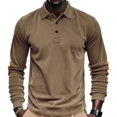 Men's Vintage Corduroy Polo Shirt Casual Long Sleeve Top with Elbow Patches Contrast Color Patchwork Buttoned Polo Top