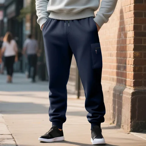 Men Heavyweight Knit Cargo Sweatpants Polyester Solid Color Warm Fleece Joggers Casual Commuting Pockets Drawstring Bottoms