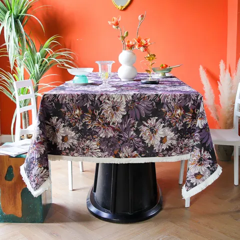 Vintage Purple Daisy Floral Cotton Linen Tablecloth Thickened Jacquard Table Cover with White Tassels for Coffee Shop B&B Decor