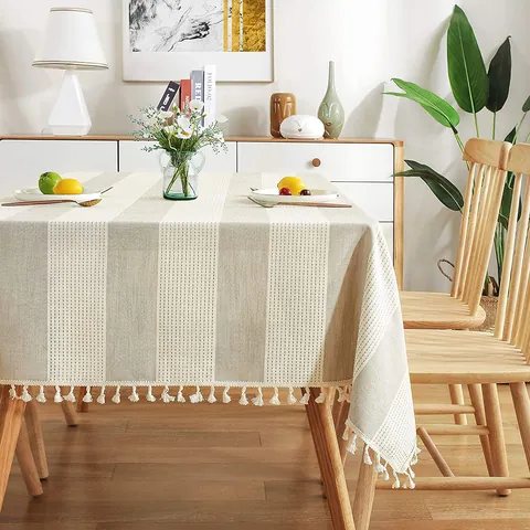 Nordic Cotton Linen Striped Tablecloth With Tassels Dustproof Rectangular Table Cover For Kitchen Dining Party Home Decor