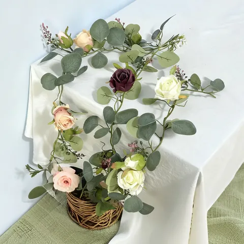 Artificial Rose Eucalyptus Garland Silk Flower Vine Hanging Plant For Home Wedding Party Decor French Vintage Floral Decor