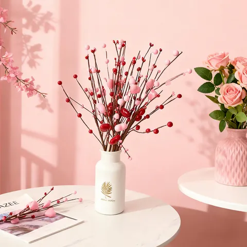 Artificial Heart Berry Stem Christmas Valentine Decoration Foam Red Pink Berry Sprays For Home Bedroom Living Room Vase Flower Arrangement