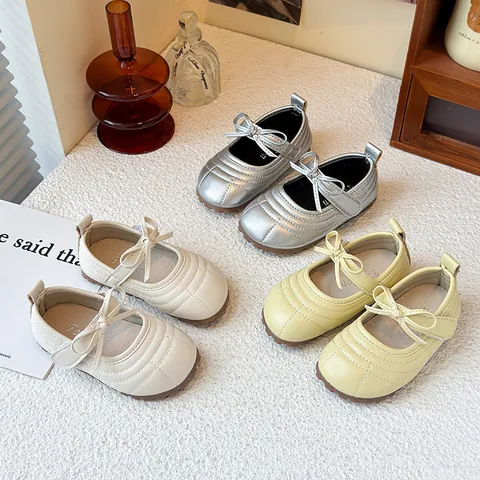 Girls Toddler Princess First Walker Shoes Bow Quilted Mary Janes PU Leather Rubber Sole Sweet Casual Flat Loafers For Kids