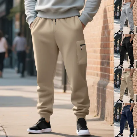 Men Heavyweight Knit Cargo Sweatpants Polyester Solid Color Warm Fleece Joggers Casual Commuting Pockets Drawstring Bottoms