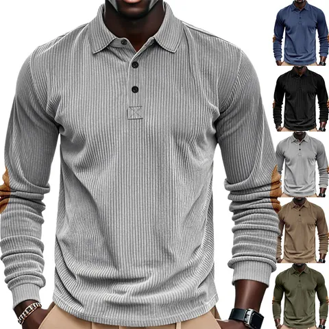 Men's Vintage Corduroy Polo Shirt Casual Long Sleeve Top with Elbow Patches Contrast Color Patchwork Buttoned Polo Top