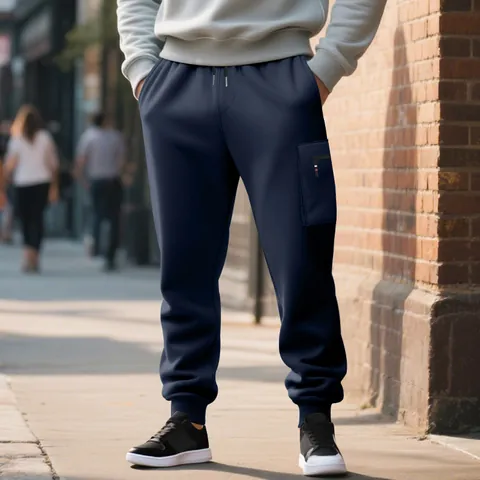 Men Heavyweight Knit Cargo Sweatpants Plus Size Solid Color Joggers Ribbed Cuffs Drawstring Casual Workwear Pants Polyester
