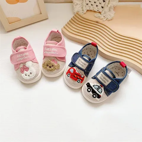 Baby Walking Shoes Cartoon Towel Embroidery Soft Sole Anti Slip Toddler Canvas Sneakers Hook And Loop Cotton Shoes For Kids