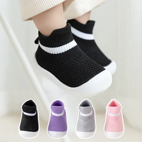 Baby Walking Shoes Breathable Nylon Knit Soft Sole Sock Shoes For Boys Girls Striped Mid-cut Non-slip Toddler First Walker Floor Shoes