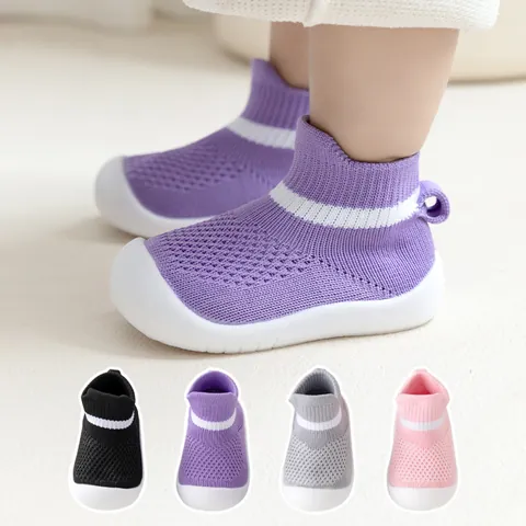 Baby Walking Shoes Breathable Nylon Knit Soft Sole Sock Shoes For Boys Girls Striped Mid-cut Non-slip Toddler First Walker Floor Shoes