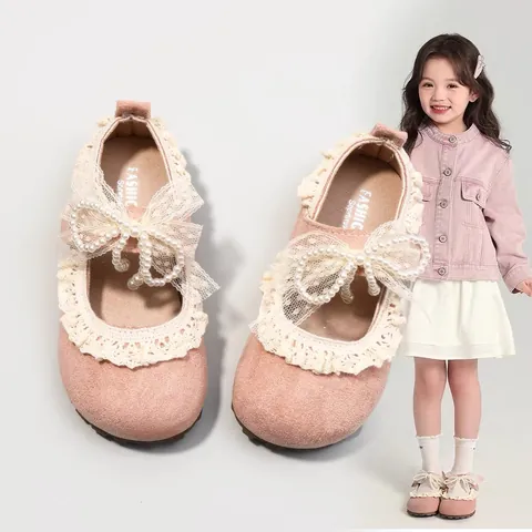 Chaussures de Princesse Douce pour Filles 2025 Printemps Automne Enfants Bordure en Dentelle Nœud Papillon Chaussures Plates Petites Filles Mary Jane Perles Artificielles