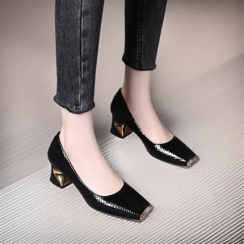 Women's French Snakeskin Texture Square Toe Block Heel Pumps Fashion Elegant Office High Heels Metal Trim Slip On Shoes