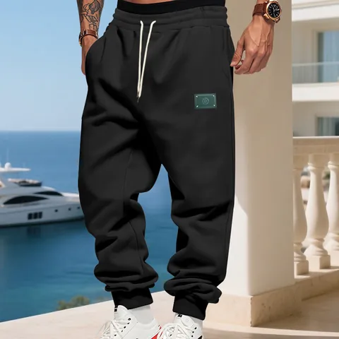 Men's American Style Heavyweight Sweatpants Fleece Lined Winter Loose Solid Color Casual Sports Joggers With Drawstring Cuffed Hem Bottom