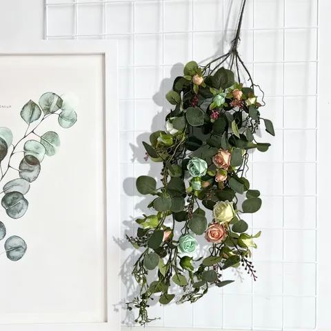 Artificial Rose Eucalyptus Garland Silk Flower Vine Hanging Plant For Home Wedding Party Decor French Vintage Floral Decor