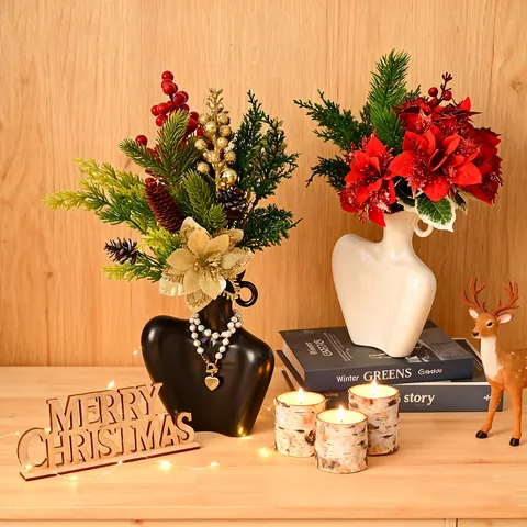 Ramo de Flores de Navidad Artificiales Con Flor de Pascua de Satén Piñas Bayas Agujas de Pino para Decoración de Árbol de Navidad Fiesta Hogar
