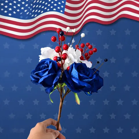 US Independence Day Artificial Rose Berry Bunch Red White Blue Patriotic Home Decor Floral Arrangement For July Celebrations