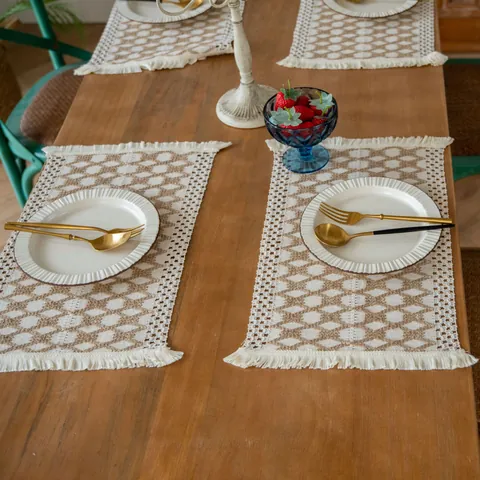 Christmas Farmhouse Woven Tassel Cotton Linen Placemat Diamond Pattern Table Mat for Dining Room Home Decor