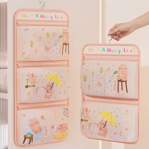 Hanging Underwear Storage Bag Closet Wall Door Mesh Organizer For Socks Bras Panties Cartoon Cat Printed Multi-Layer Space Saving Wardrobe Storage Pouch