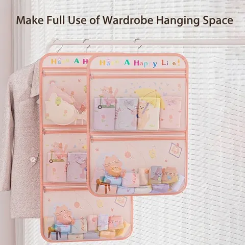 Hanging Underwear Storage Bag Closet Wall Door Mesh Organizer For Socks Bras Panties Cartoon Cat Printed Multi-Layer Space Saving Wardrobe Storage Pouch