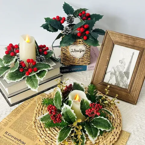 Navidad Corona Anillo Vela Piña Artificial Bayas Rojas Candelabro Base Mesa Centro de Mesa Hogar Vacaciones Decoración