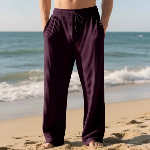 Men's Jacquard Striped Wide Leg Pants Drawstring Waist Straight Casual Bottom Polyester Vacation Beach Plus Size Trousers