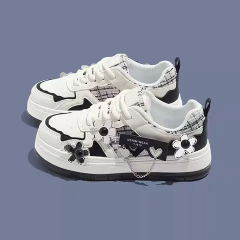 Girls White Fashion Sneakers Star Flower Heart Pendant Thick Sole Casual School Shoes For Kids Students