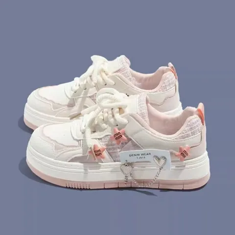 Girls White Fashion Sneakers Star Flower Heart Pendant Thick Sole Casual School Shoes For Kids Students