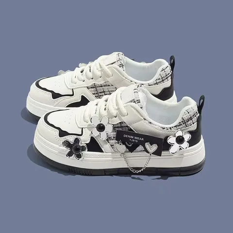 Girls White Fashion Sneakers Star Flower Heart Pendant Thick Sole Casual School Shoes For Kids Students