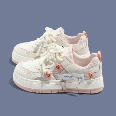 Girls White Fashion Sneakers Star Flower Heart Pendant Thick Sole Casual School Shoes For Kids Students