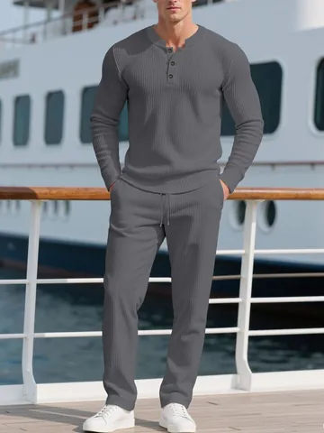 Herren Kord Freizeitanzug Einfarbig Langarm Henley Ausschnitt Oberteil Und Hose Set Gerippte Urlaub Outfits Für Alltägliche Kleidung