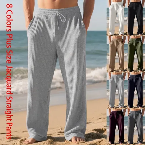 Men's Jacquard Striped Wide Leg Pants Drawstring Waist Straight Casual Bottom Polyester Vacation Beach Plus Size Trousers