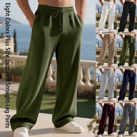 Men Heavyweight Ribbed Jacquard Casual Pants American Hip Hop Loose Straight Leg Drawstring Waist Solid Color Streetwear Trousers