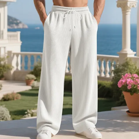 Men Heavyweight Ribbed Jacquard Casual Pants American Hip Hop Loose Straight Leg Drawstring Waist Solid Color Streetwear Trousers