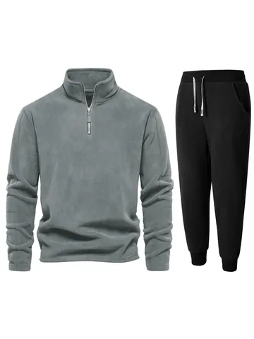 Herren Polar-Fleece Trainingsanzug Set Stehkragen Reißverschluss Langarm Top Und Hose Einfarbig Warm Freizeit Sportanzug Jacke
